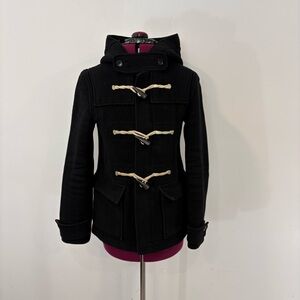 TNA Black Wool Women’s Hooded Duffle Cost Contrasting Green Insole Coat sz S